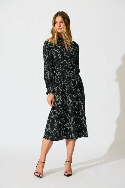 Sienna Midi Shirt Dress in Black and White Print