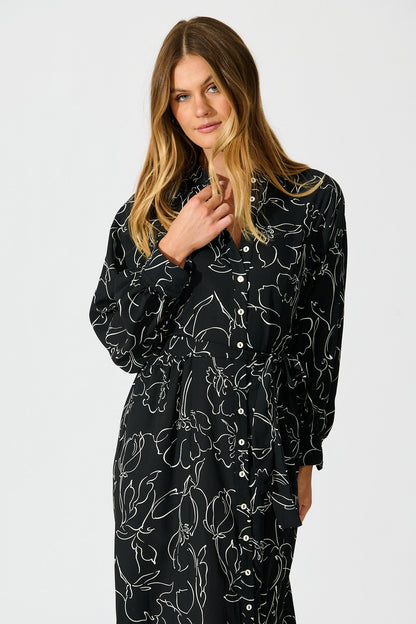 Sienna Midi Shirt Dress in Black and White Print