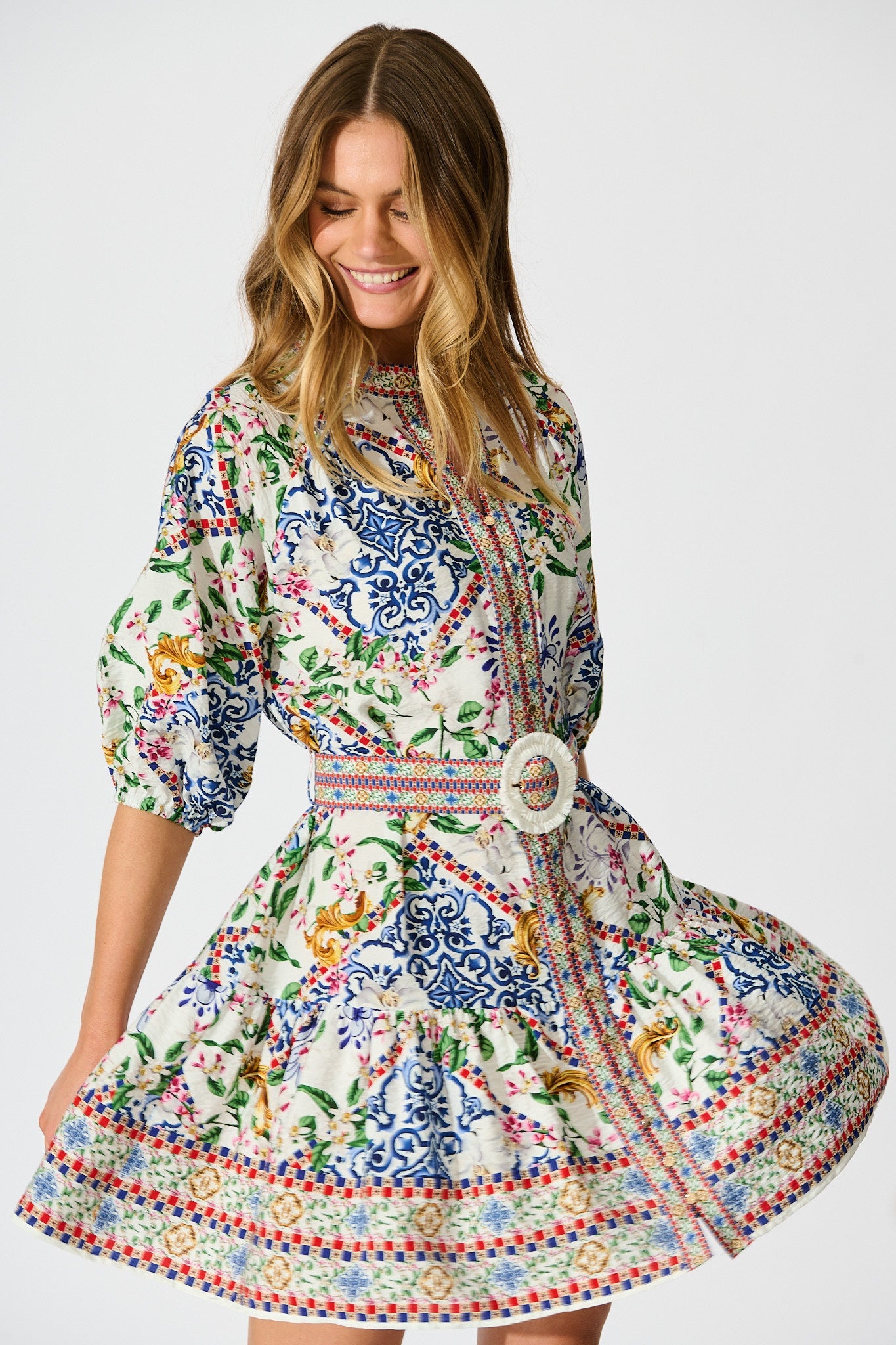 Sicilian Tile Dress in White with Multi Print