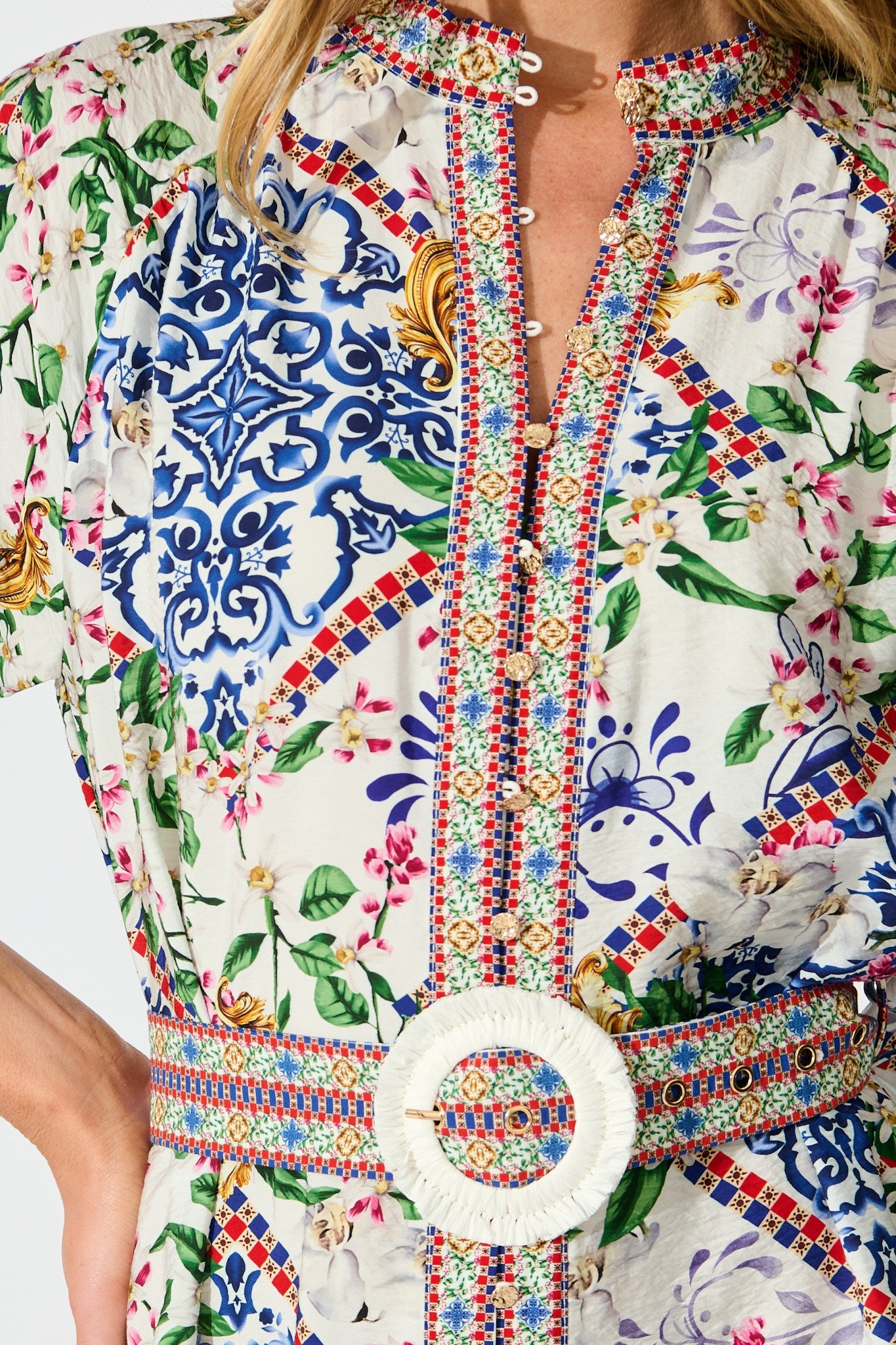 Sicilian Tile Dress in White with Multi Print