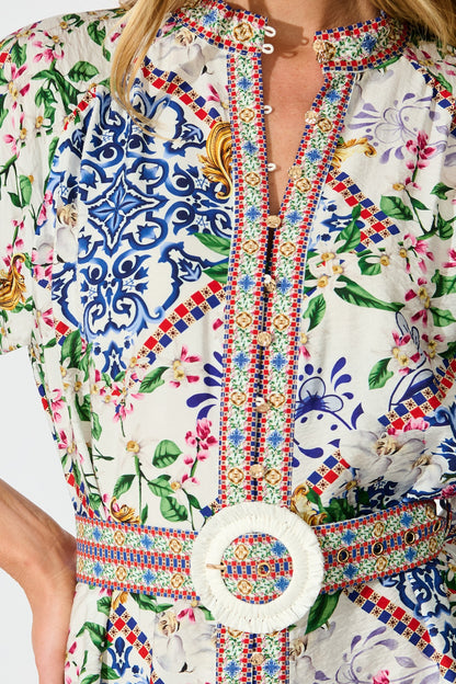 Sicilian Tile Dress in White with Multi Print