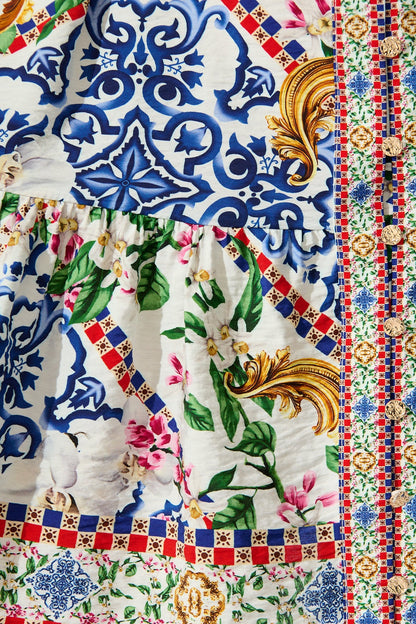 Sicilian Tile Dress in White with Multi Print