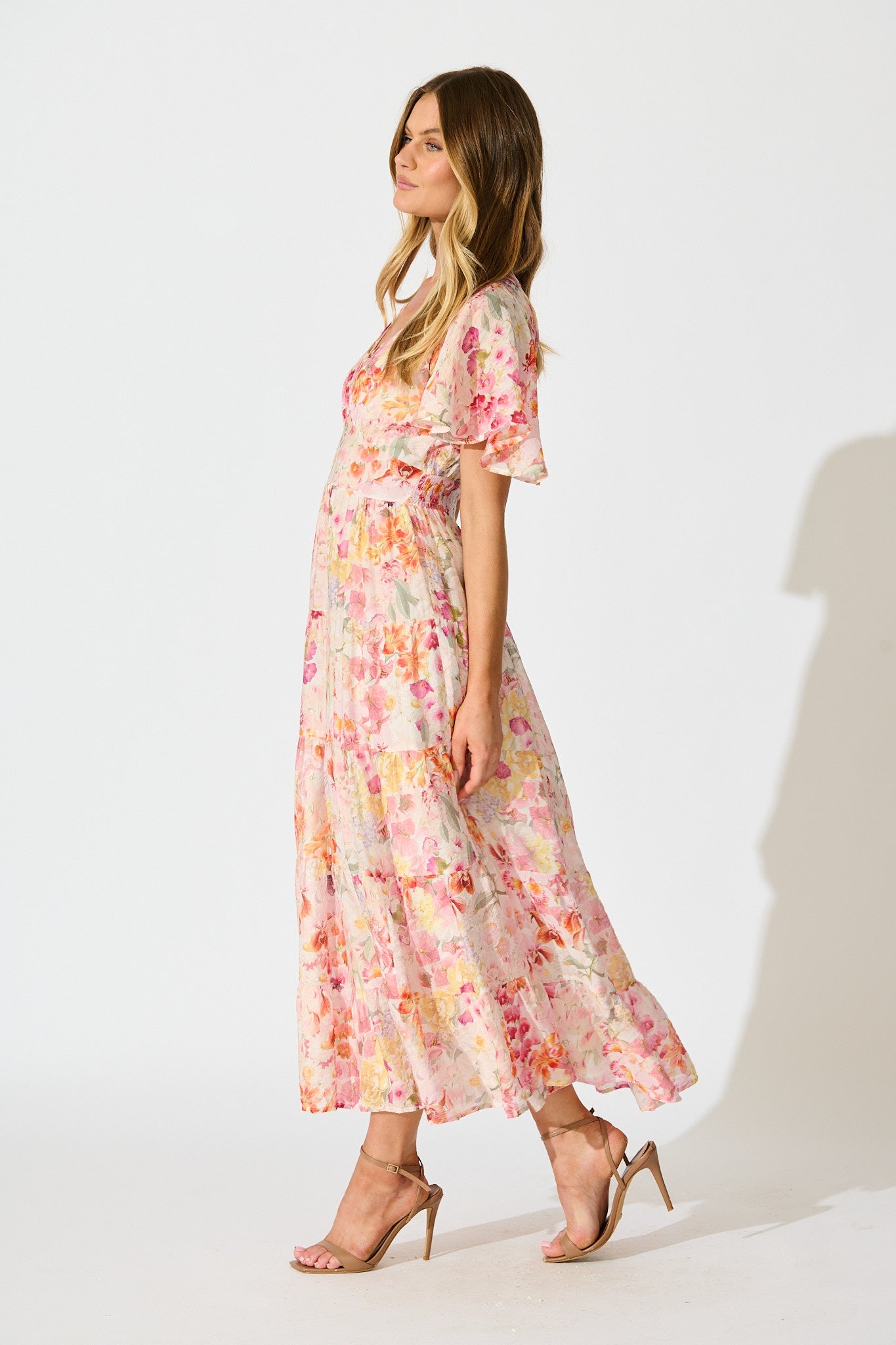 Pastel Symphony Maxi Dress in White with Multi Blush Floral
