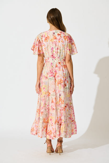 Pastel Symphony Maxi Dress in White with Multi Blush Floral