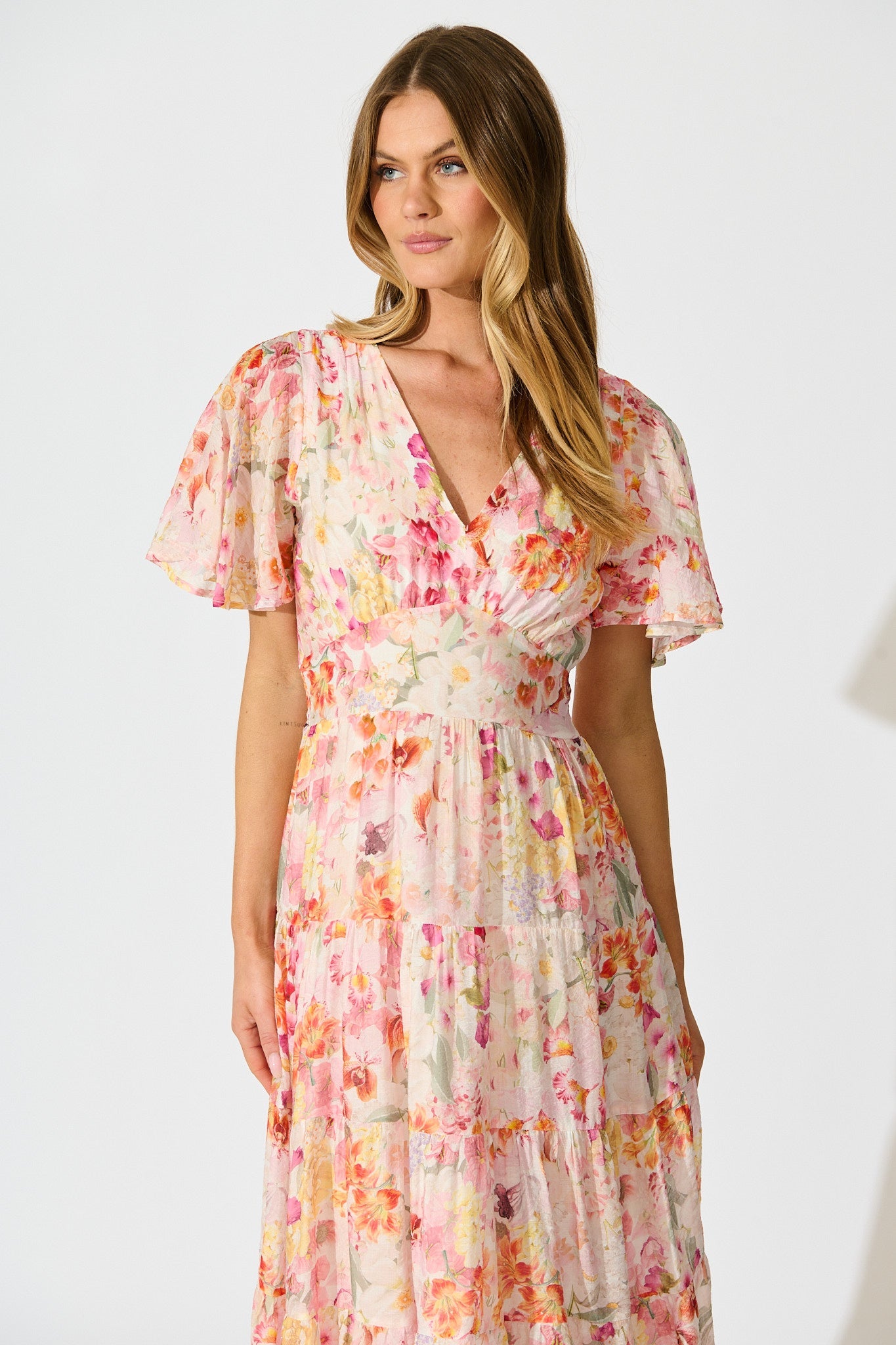 Pastel Symphony Maxi Dress in White with Multi Blush Floral