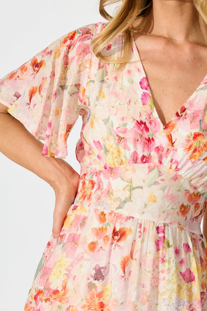 Pastel Symphony Maxi Dress in White with Multi Blush Floral