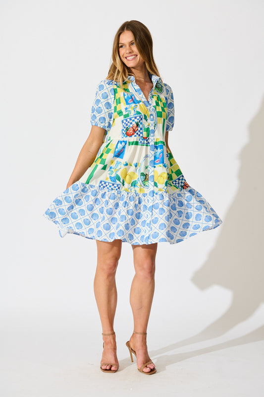 Lemon Kissed Shirt Dress in White Multi Lemon Cotton