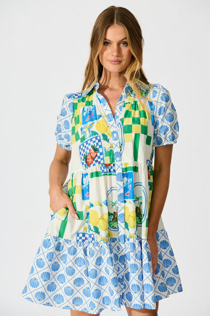 Lemon Kissed Shirt Dress in White Multi Lemon Cotton