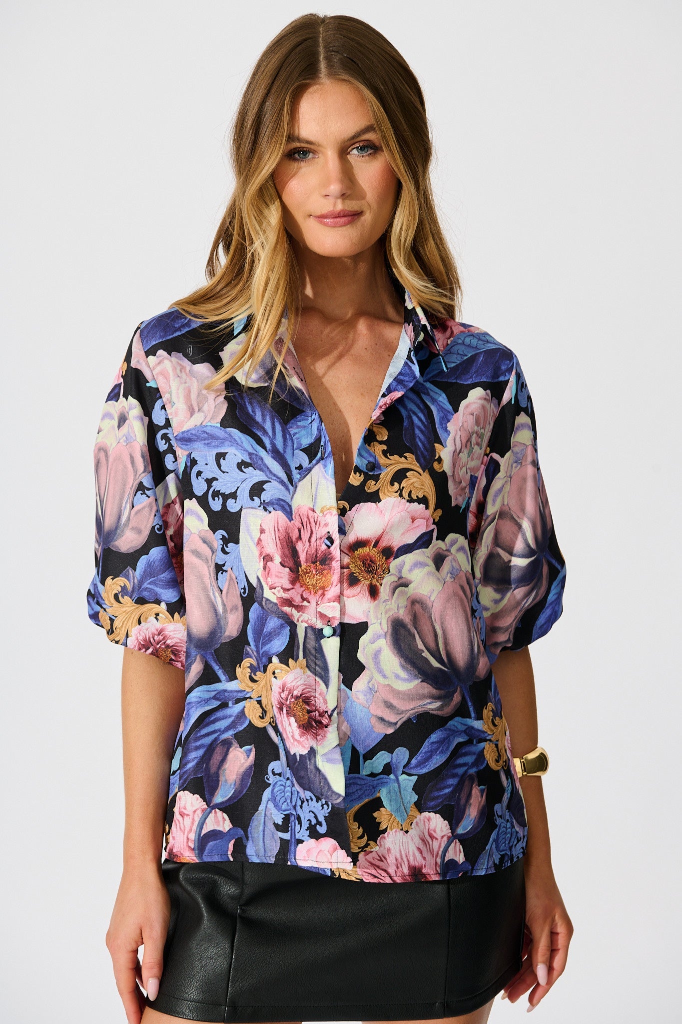 Whimsical Shirt in Multi Blue Floral Linen Blend