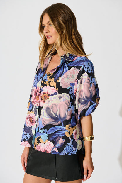 Whimsical Shirt in Multi Blue Floral Linen Blend