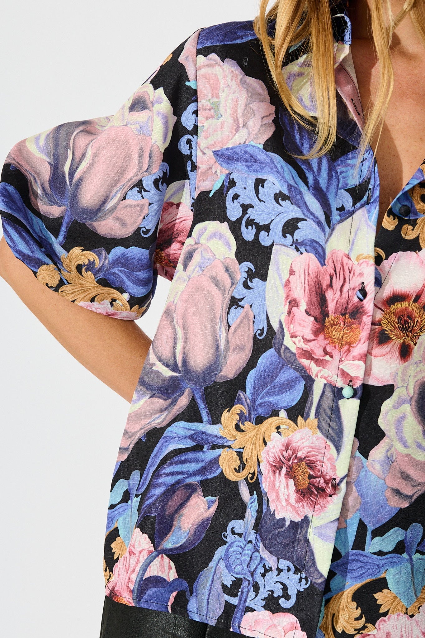 Whimsical Shirt in Multi Blue Floral Linen Blend
