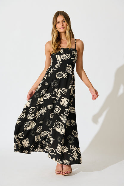 Yetta Maxi Sundress In Black Palm Print