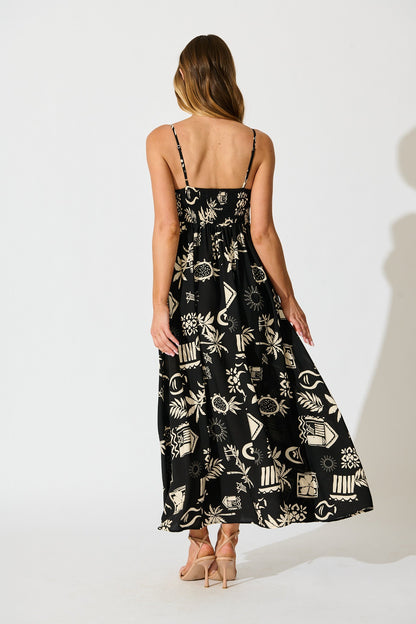 Yetta Maxi Sundress In Black Palm Print