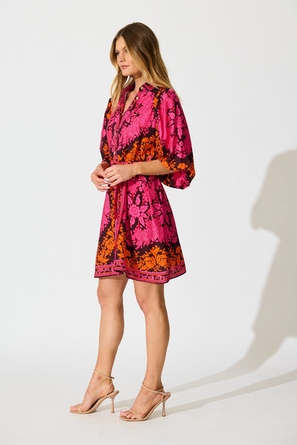 Risa Shirt Dress In Pink And Orange Floral Linen Blend