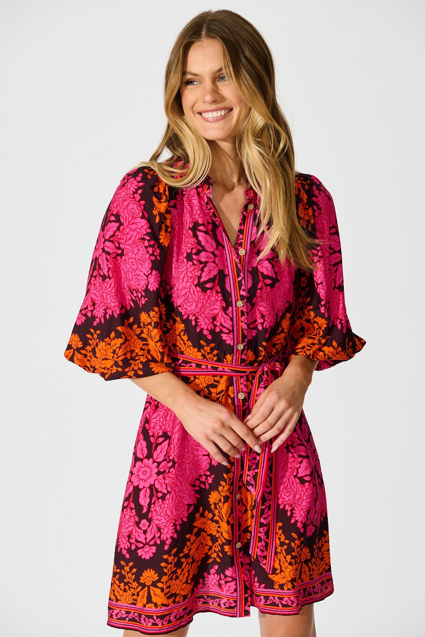 Risa Shirt Dress In Pink And Orange Floral Linen Blend