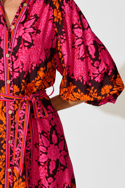 Risa Shirt Dress In Pink And Orange Floral Linen Blend