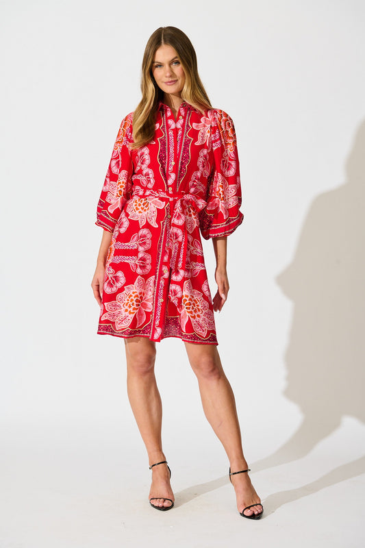 Risa Shirt Dress In Red Flower Linen Blend