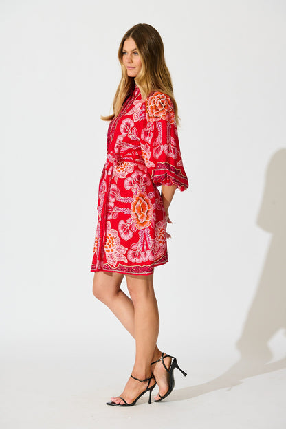 Risa Shirt Dress In Red Flower Linen Blend