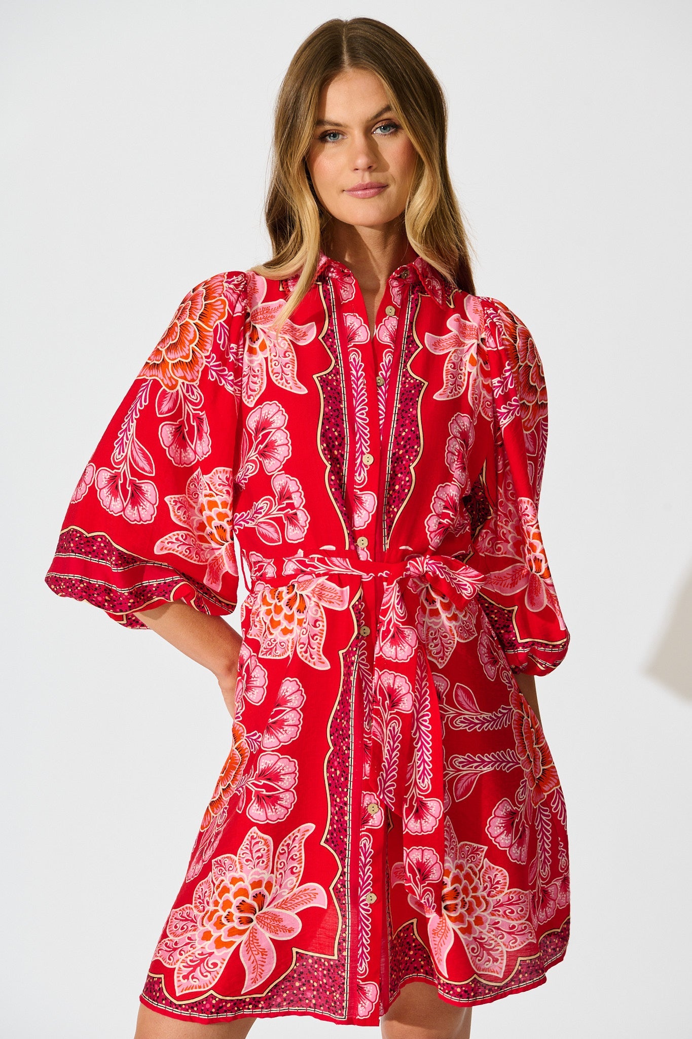 Risa Shirt Dress In Red Flower Linen Blend