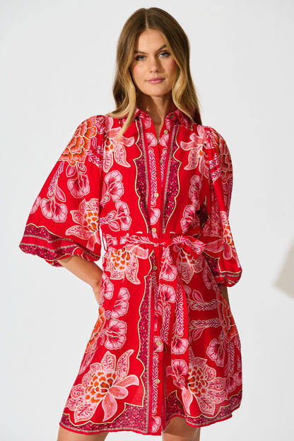 Risa Shirt Dress In Red Flower Linen Blend