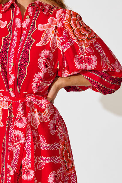 Risa Shirt Dress In Red Flower Linen Blend
