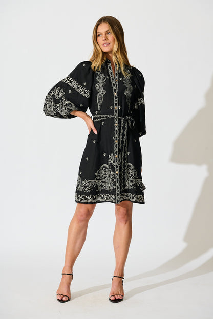 Aveline Shirt Dress In Black Print Linen Blend