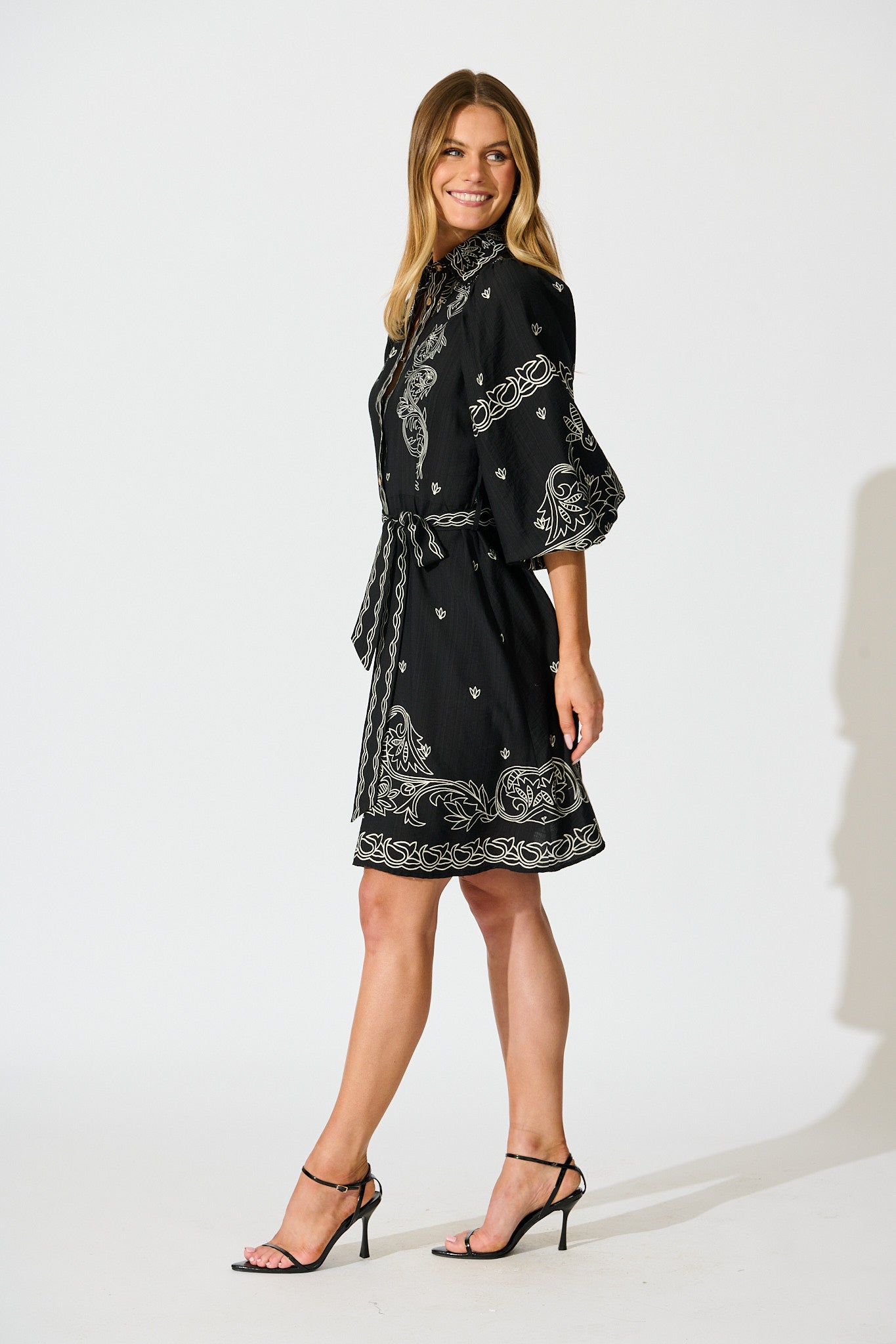 Aveline Shirt Dress In Black Print Linen Blend