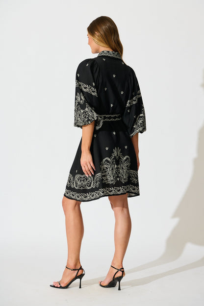 Aveline Shirt Dress In Black Print Linen Blend