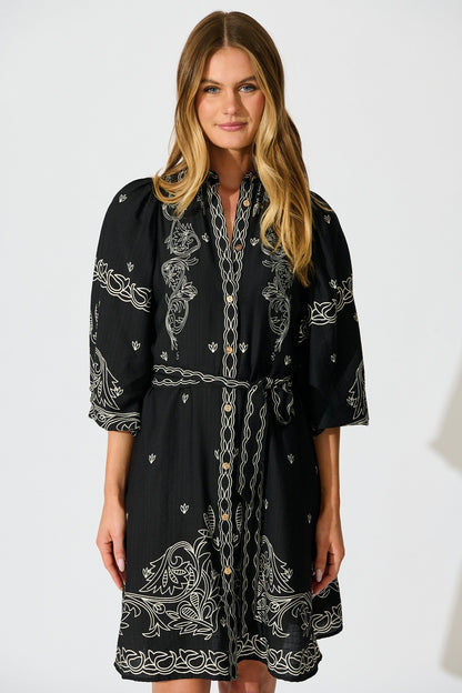 Aveline Shirt Dress In Black Print Linen Blend