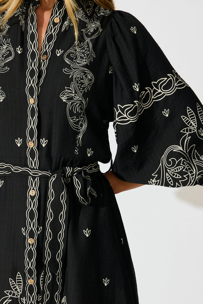 Aveline Shirt Dress In Black Print Linen Blend