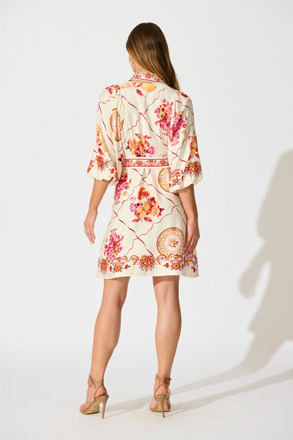 Aveline Shirt Dress In Pink Floral Print Linen Blend