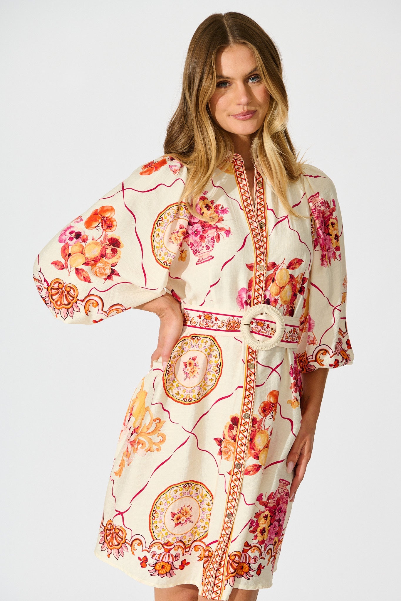 Aveline Shirt Dress In Pink Floral Print Linen Blend