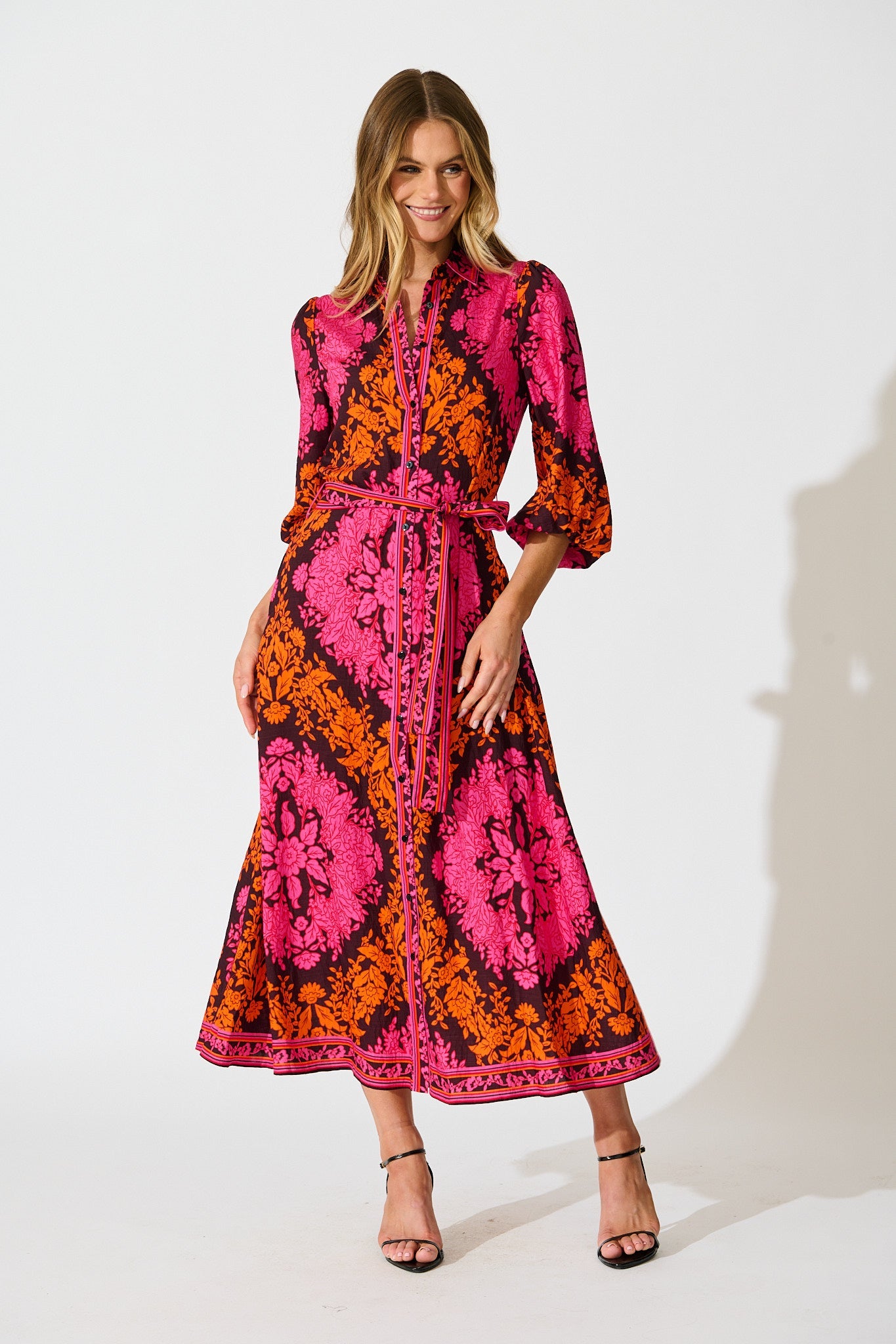 Aurelina Maxi Dress In Pink And Orange Floral Linen Blend