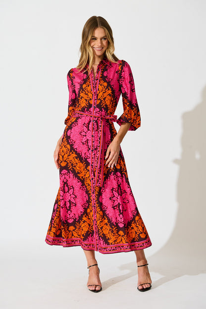 Aurelina Maxi Dress In Pink And Orange Floral Linen Blend