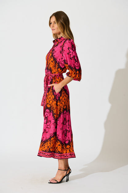 Aurelina Maxi Dress In Pink And Orange Floral Linen Blend