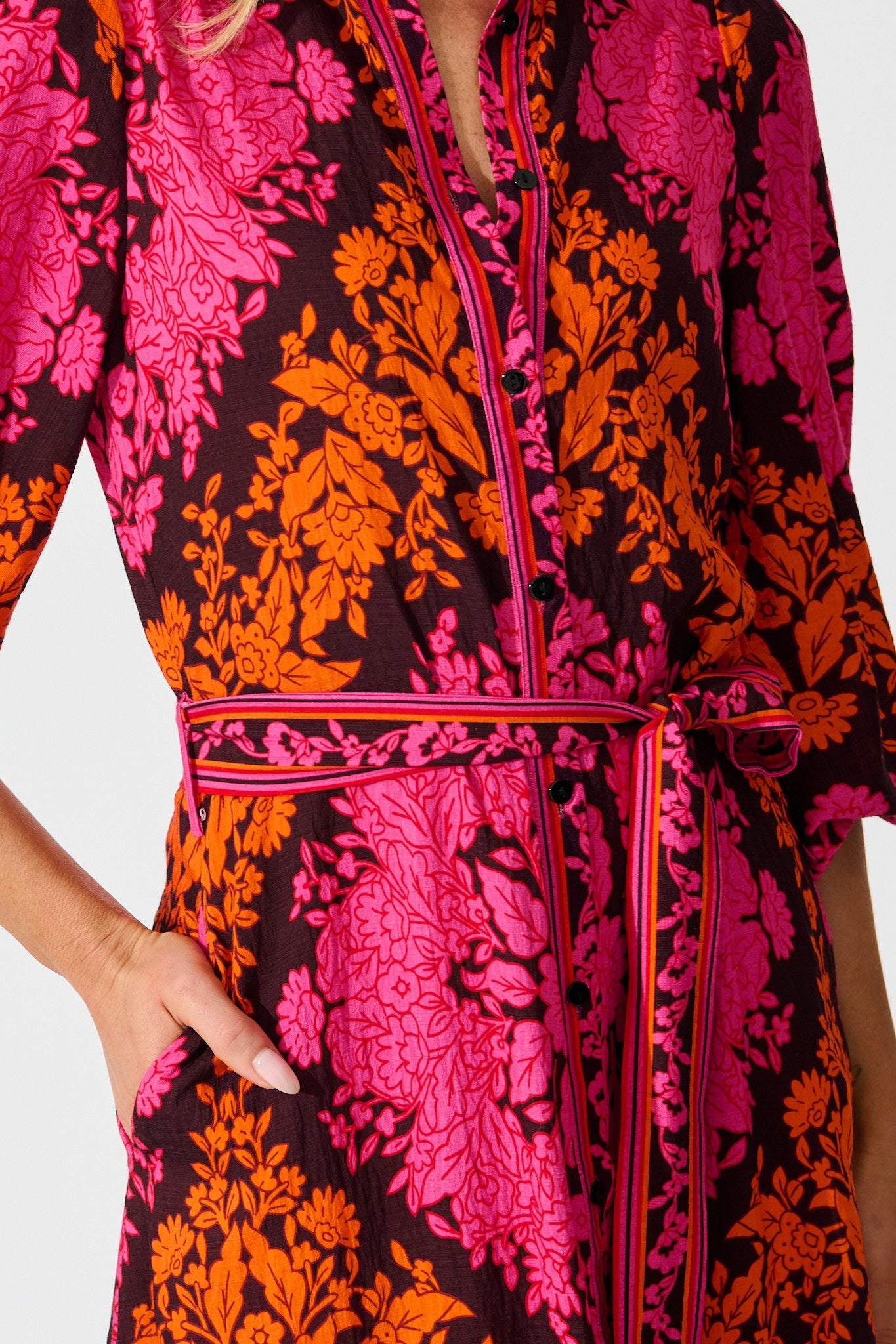 Aurelina Maxi Dress In Pink And Orange Floral Linen Blend