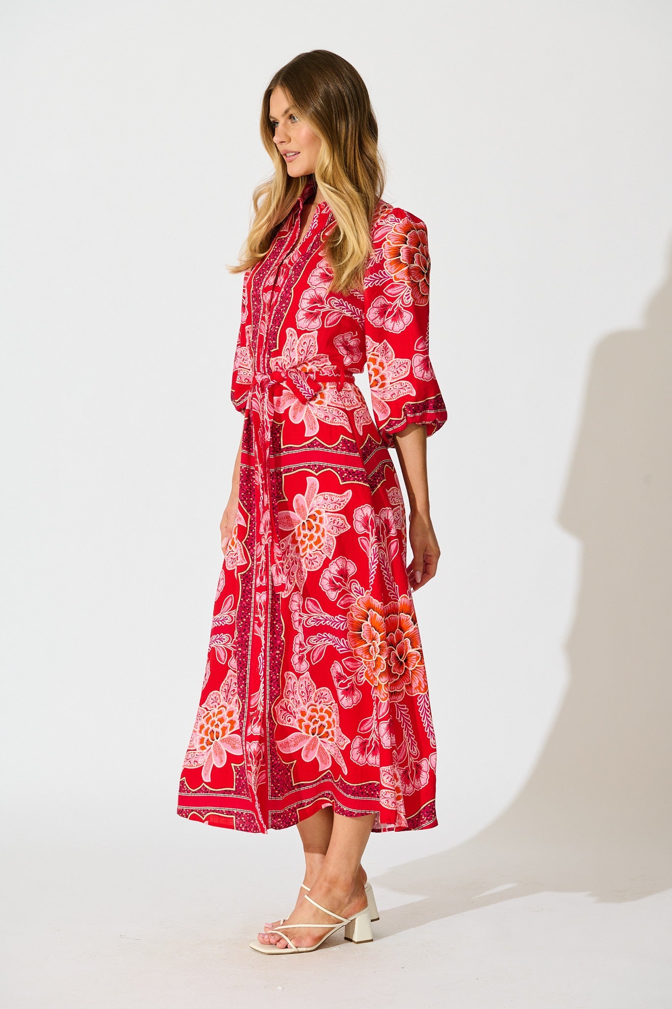 Aurelina Maxi Shirt Dress In Red Flower Linen Blend
