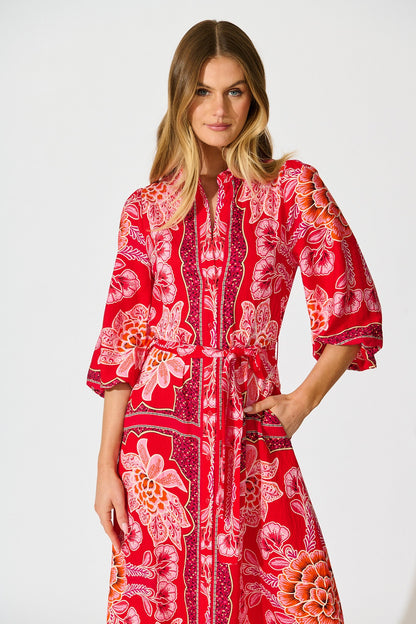 Aurelina Maxi Shirt Dress In Red Flower Linen Blend