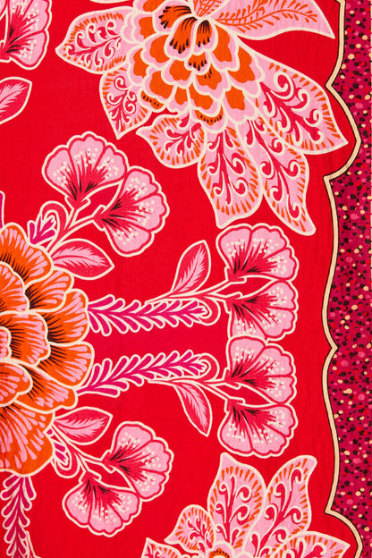 Aurelina Maxi Shirt Dress In Red Flower Linen Blend