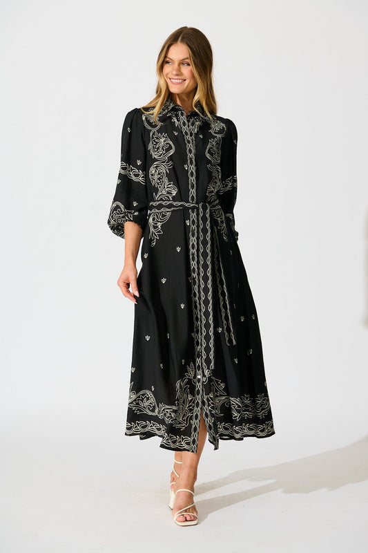 Aurelina Maxi Shirt Dress In Black Print Linen Blend