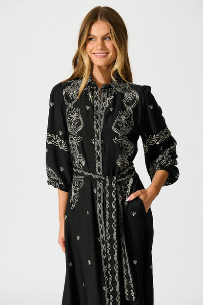 Aurelina Maxi Shirt Dress In Black Print Linen Blend
