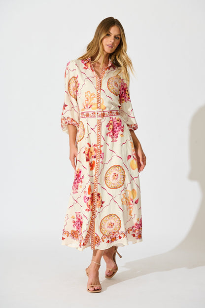 Callidora Maxi Shirt Dress In Pink Floral Print Linen Blend