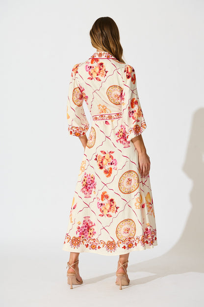 Callidora Maxi Shirt Dress In Pink Floral Print Linen Blend