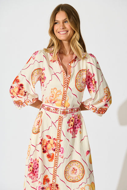 Callidora Maxi Shirt Dress In Pink Floral Print Linen Blend