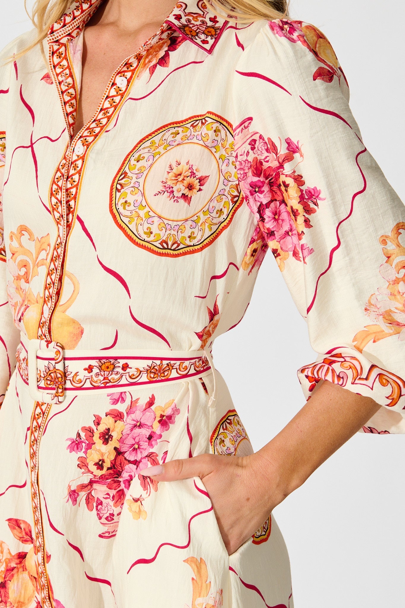 Callidora Maxi Shirt Dress In Pink Floral Print Linen Blend