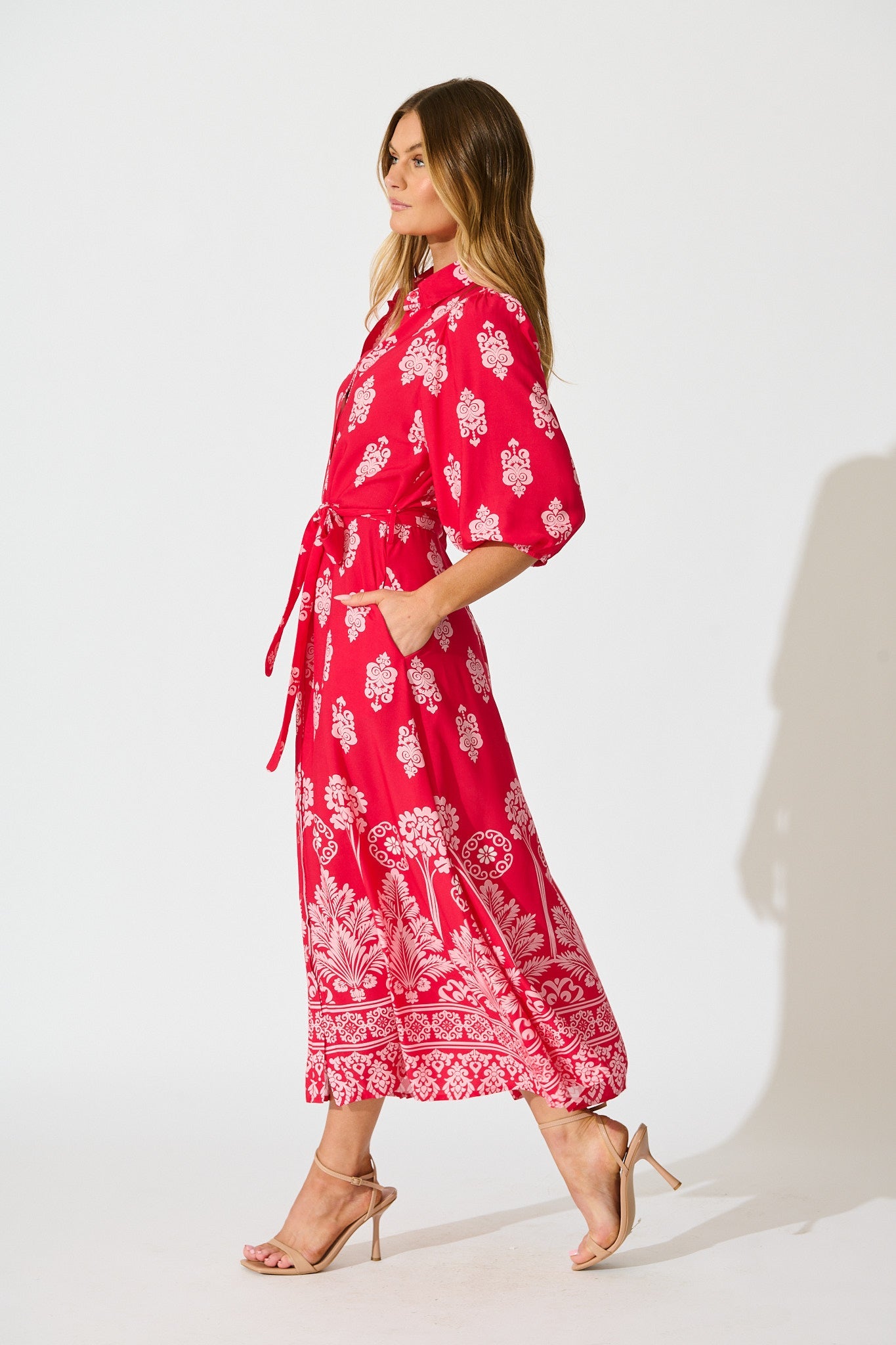 Coco Maxi Shirt Dress In Red and Pink Print