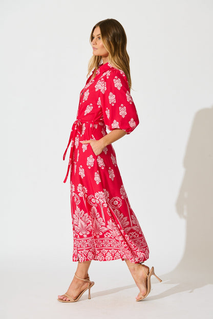 Coco Maxi Shirt Dress In Red and Pink Print