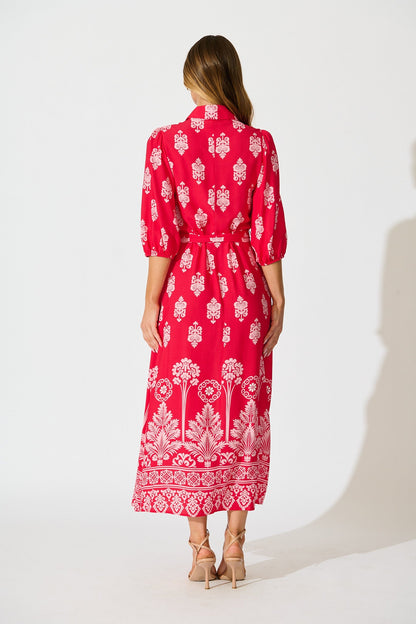 Coco Maxi Shirt Dress In Red and Pink Print