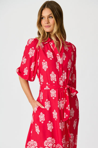 Coco Maxi Shirt Dress In Red and Pink Print