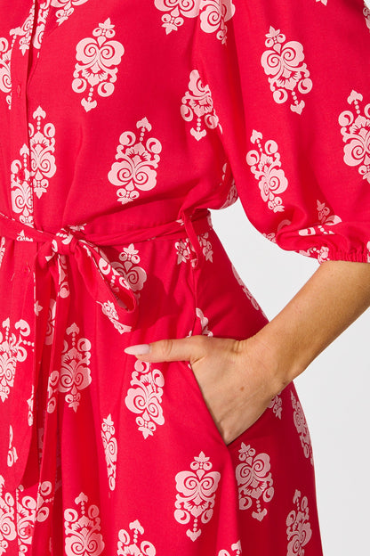 Coco Maxi Shirt Dress In Red and Pink Print